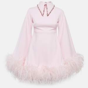 Onori Pink Crepe Faux Feather Detail Mini Dress S