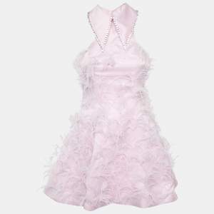 Pre Owned Onori Pink Satin Feather Trim The Grace Mini Dress M