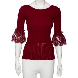 Oscar de la Renta Red Merino Wool & Lace Trim Detailed Long Sleeve Top S