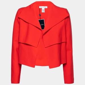 Pre Owned Oscar de la Renta Red Wool Open Front Cropped Jacket M