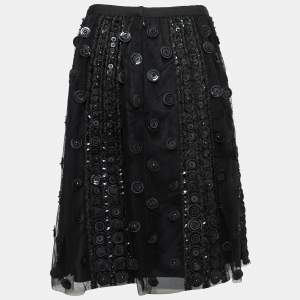 Oscar de la Renta Black Tulle Embroidered Embellished Embellished Skirt M