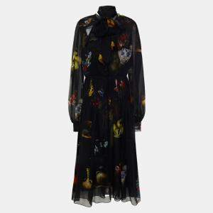 Pre Owned Oscar De La Renta Black Printed Silk Midi Dress XL (US 12)