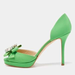 Oscar de la Renta Green Fabric Crystal Embellished Rosalba D' Orsay Peep Toe Pumps Size 40