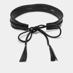 Oscar de la Renta Black Leather Whipstitch Detail Wrap Around Waist Belt 86CM