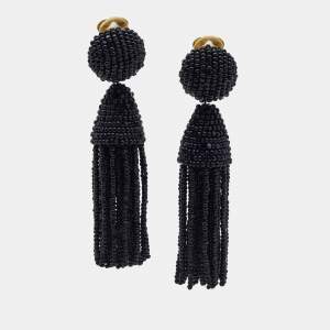 Oscar de la Renta  Black Beaded Short Tassel Clip On Earrings