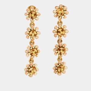 Oscar de la Renta Flower Crystals Enamel Gold Tone Earrings