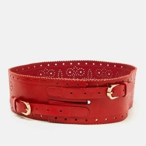 Oscar de la Renta Red Perforated Leather Waist Belt M