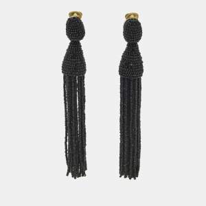 Pre Owned Oscar de la Renta  Black Beaded Short Tassel Clip On Earrings