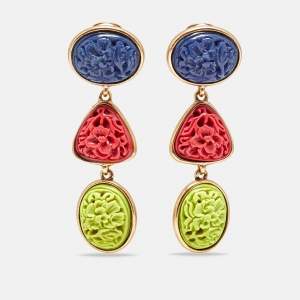Pre Owned Oscar de la renta Carved Resin Gold Tone Clip-On Drop Earrings