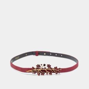 Pre Owned Oscar de la Renta Burgundy Satin Crystal Embellished Slim Belt M