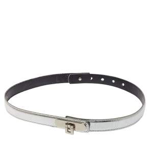 Pre Owned Oscar de la Renta Silver Glossy Leather Narrow Belt 70CM