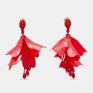 Oscar de la Renta Impatiens Red Plastic Beads Gold Tone Drop Earrings
