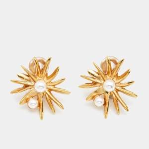 Oscar de la Renta Faux Pearl Gold Tone Clip On Earrings