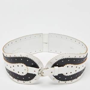 Oscar de la Renta White/Black Leather Waist Belt 75CM