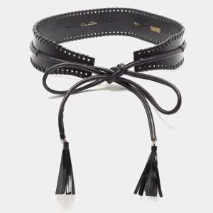 Oscar de la Renta Black Leather Whipstitch Detail Wrap Around Waist Belt L