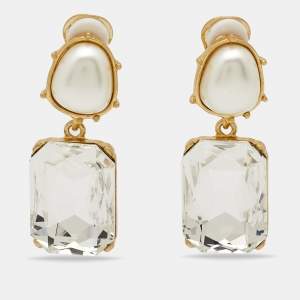 Oscar de la Renta  Crystal Faux Pearl Gold Tone Earrings