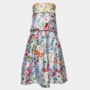 Pre Owned Oscar de la Renta Blue Floral Print Silk Blend Tube Top & Midi Skirt Set M