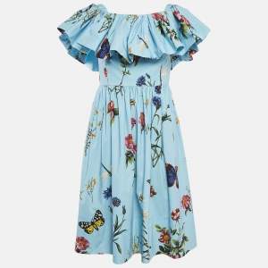 Pre Owned Oscar de la Renta Blue Floral Print Cotton Off-Shoulder Midi Dress M