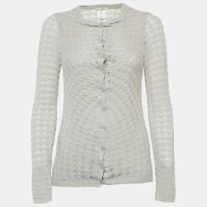 Oscar de la Renta Grey Patterned Cashmere Button Front Cardigan M