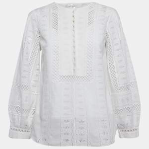 Pre Owned Oscar De La Renta White Broderie Anglaise Long Sleeve Blouse M