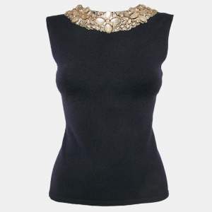 Pre Owned Oscar de la Renta Navy Blue Crystal Embellished Cashmere Knit Tank Top S
