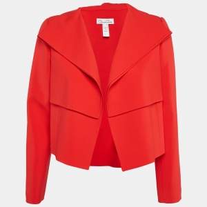 Pre Owned Oscar de la Renta Red Wool Open Front Cropped Jacket M
