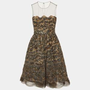 مملوكة مسبقًا Oscar de la Renta Brown Sequin & Feather Embedded Tulle Mini Dress M
