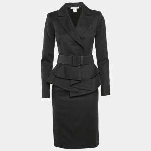 Pre Owned Oscar de la Renta Charcoal Grey Wool Skirt Suit S