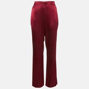 Oscar de la Renta Dark Red Satin Wide Leg Trousers M