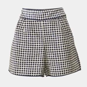 Pre Owned Oscar de la Renta Navy Blue/White Checked Silk Gabardine Shorts XS