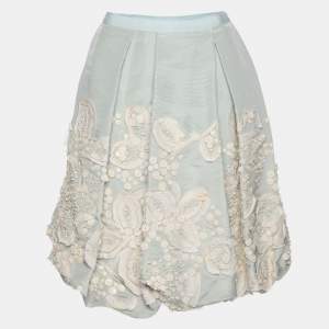 Oscar de la Renta Grey/Light Blue Silk Embroidered Mini Skirt Size L