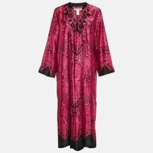 Oscar de la Renta Pink/Black Printed Satin Maxi Kaftan Dress S