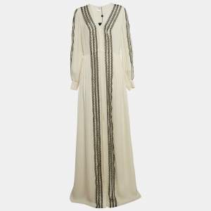 Oscar de la Renta White Silk Lace Trim Pleated Maxi Dress L