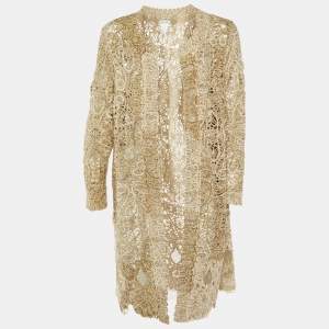 Oscar de la Renta Beige Sequin Patterned Lace Open Front Jacket L