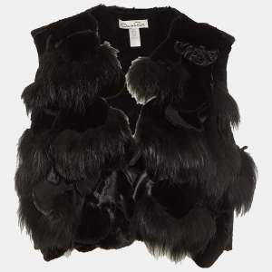 Oscar de la Renta Black Fur Detail Satin Sleeveless Coat L