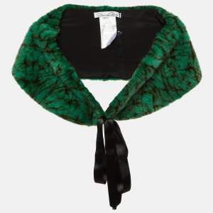 Oscar de la Renta Jade Green Marble Print Fur Tie-Up Bolero Jacket One Size 