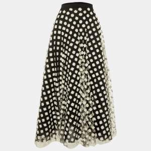 Oscar de la Renta Black Tulle Floral Applique Maxi Skirt M