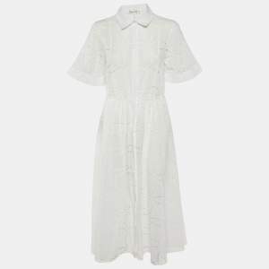 Oscar de la Renta White Eyelet Cotton Midi Dress S