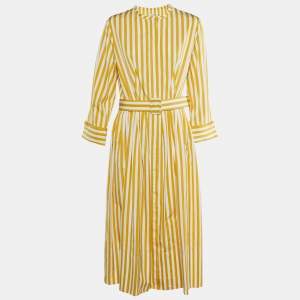 Oscar de la Renta Yellow Striped Cotton Belted Maxi Dress XL