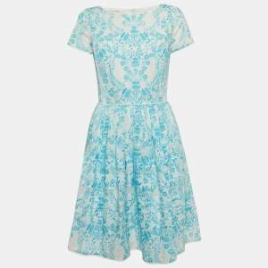 Oscar de la Renta Blue & White Printed Cotton Mini Dress S