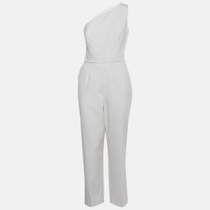 Pre Owned Oscar de la Renta White Tulle Trim Wool One Shoulder Jumpsuit L