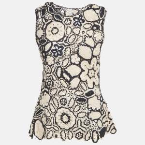 Pre Owned Oscar de la Renta Blue/Cream Patterned Crochet Top M