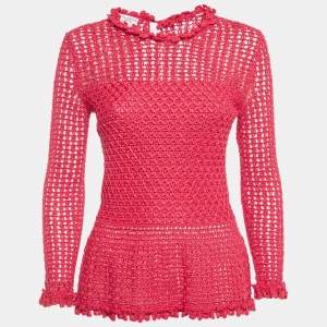 Pre Owned Oscar de la Renta Pink Crochet Sheer Top S