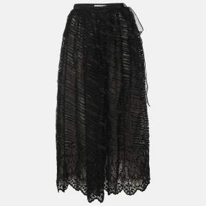 Pre Owned Oscar de la Renta Black Lace and Leather Midi Skirt M