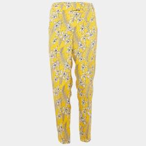 Pre Owned Oscar de la Renta Yellow Floral Print Silk Crepe Trousers S