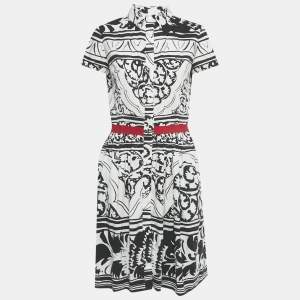 Pre Owned Oscar de la Renta White /Black Printed Cotton Blend Midi Dress L