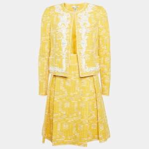 Pre Owned Oscar de la Renta Yellow Embellished Cotton Blend Jacket & Skirt Set M