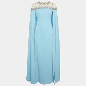 Pre Owned Oscar de la Renta Turquoise Blue Silk Cape Gown XS