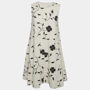 Pre Owned Oscar de la Renta White Floral Printed Wool Sleeveless Shift Dress M