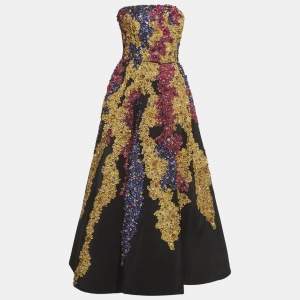 Pre Owned Oscar de la Renta Black Multicolour Embellished Strapless Gown S